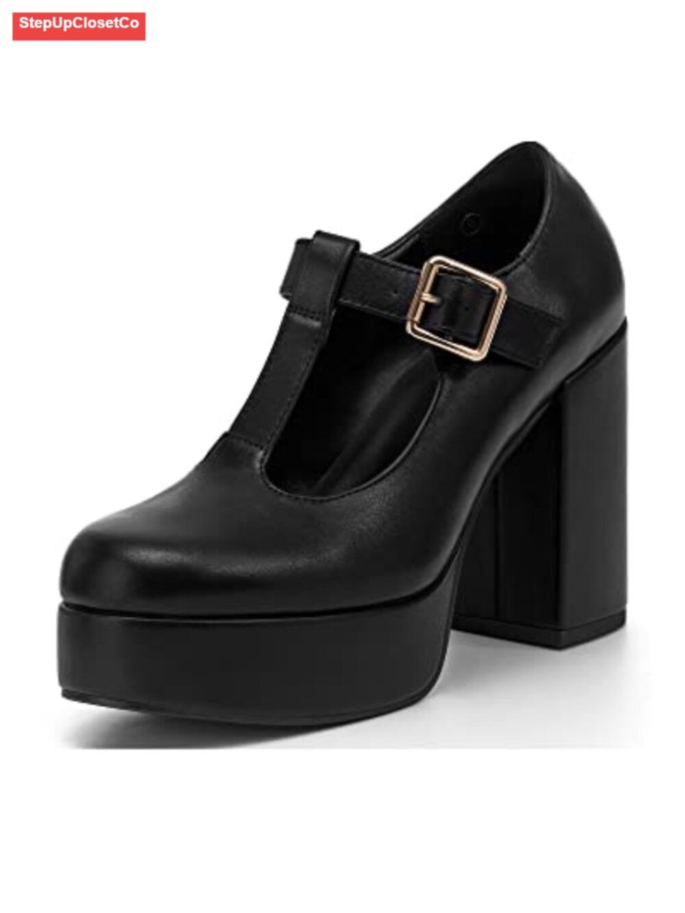 T-Strap Round Toe Patent Chunky Platform Heels Mary Jane Dress Shoes